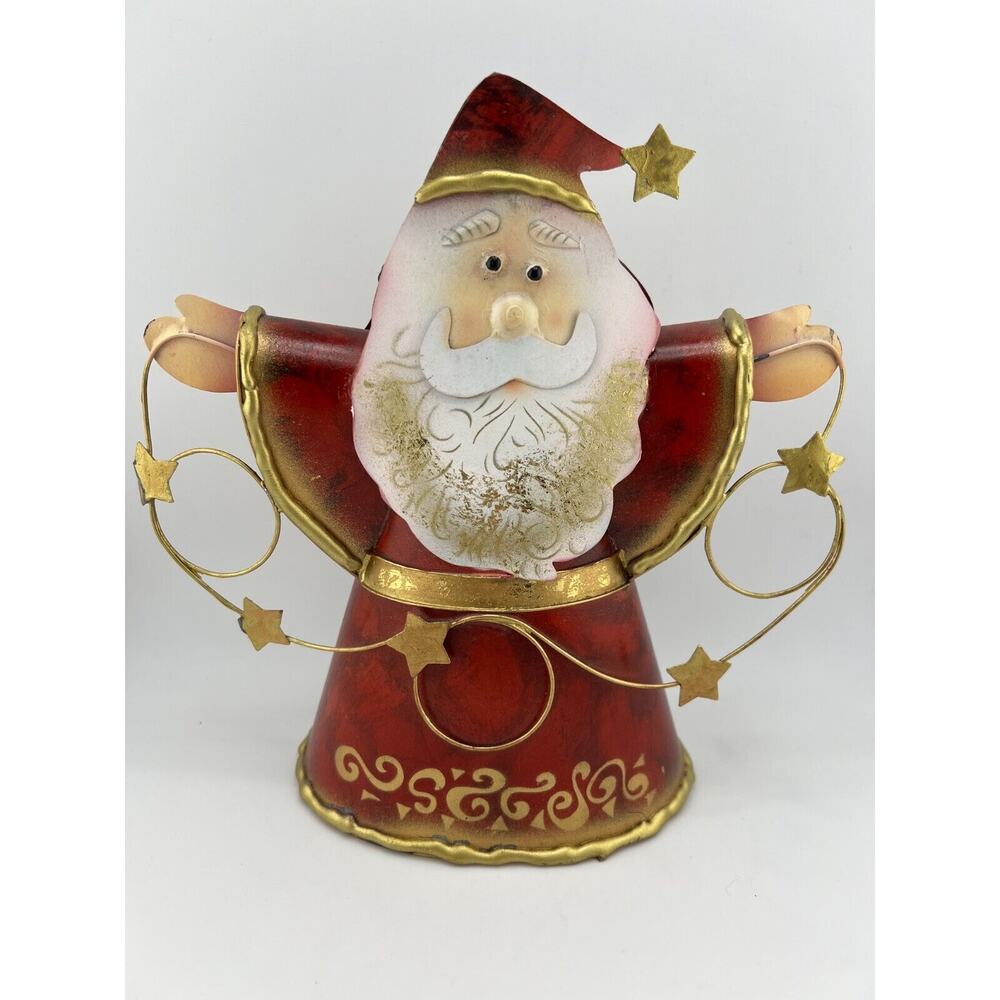 Vintage Holiday Christmas Decorative Metal Tin Santa Claus 8" Gold Stars Display